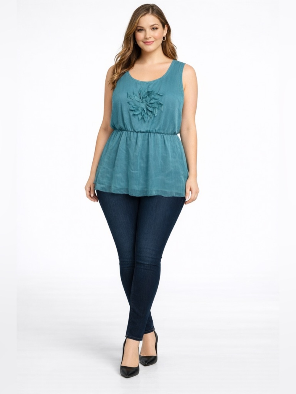 Bisou Bisou Teal Sleeveless Peplum Tank with Floral Appliqué